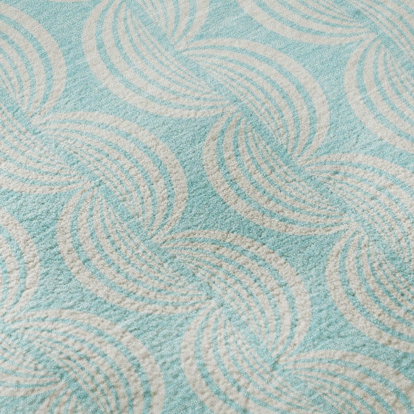 HomeRoots 8' Aqua & Ivory Ogee Round Rug - Washable, UV Protected, Durable for High-Traffic Family Spaces 682760
