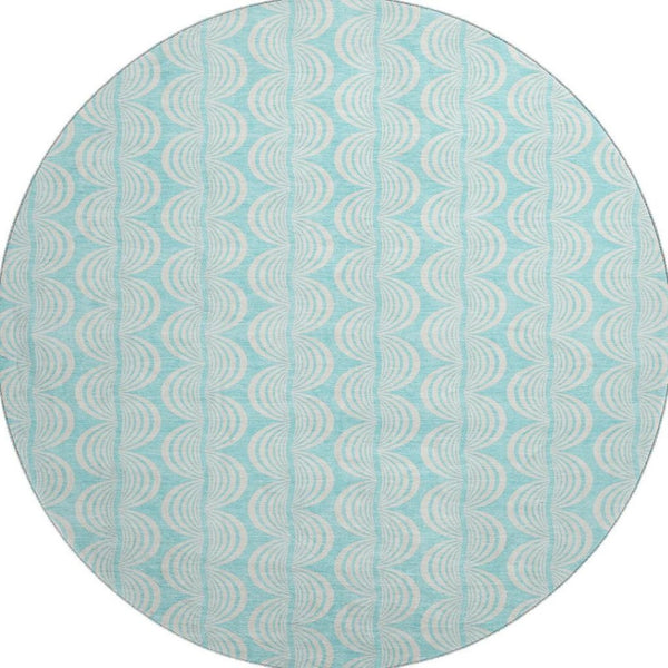 HomeRoots 8' Aqua & Ivory Ogee Round Rug - Washable, UV Protected, Durable for High-Traffic Family Spaces 682760