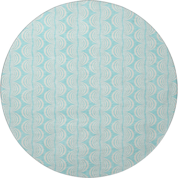 HomeRoots 8' Aqua & Ivory Ogee Round Rug - Washable, UV Protected, Durable for High-Traffic Family Spaces 682760