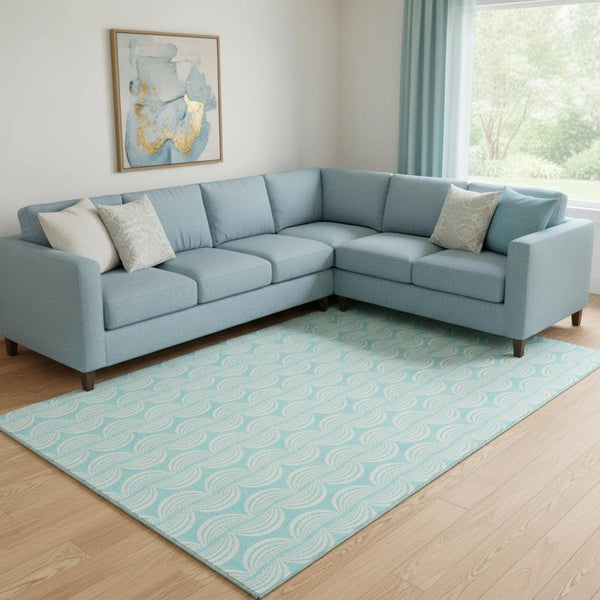 HomeRoots 8' X 10' Aqua & Ivory Ogee Area Rug – Washable, UV Protected, Durable Design for Family Spaces 682761