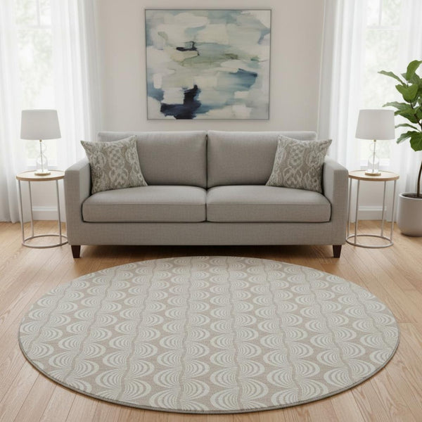 HomeRoots 8' Khaki and Ivory Ogee Round Rug - UV Protected, Stain-Resistant, Durable for Indoor & Outdoor Use 682766