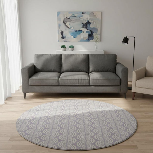 HomeRoots 8' Stylish Lavender and Ivory Ogee Washable Round Rug with UV Protection for High-Traffic Areas 682772