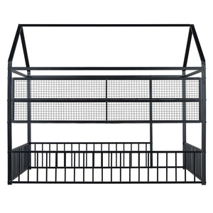 English Elm Full Metal House Bed Frame Full Size with Built-In Fence and 4 Grid Shelves for Durable Storage and Style Black N737P175361B