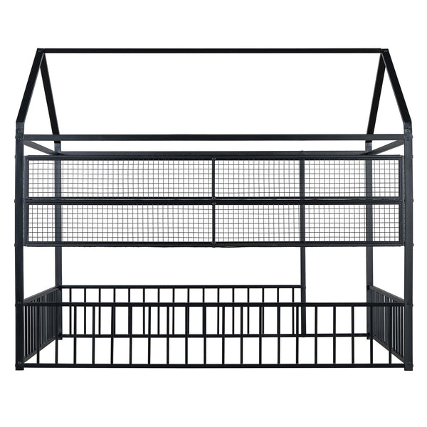 English Elm Full Metal House Bed Frame Full Size with Built-In Fence and 4 Grid Shelves for Durable Storage and Style Black N737P175361B