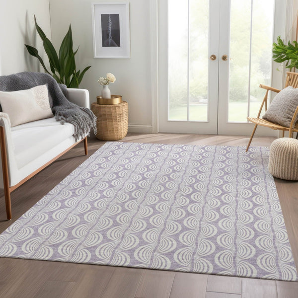 HomeRoots 10' X 14' Elegant Lavender and Ivory Ogee Area Rug: Washable, UV-Protected, Family-Friendly Design 682775