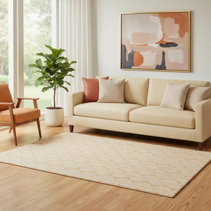 HomeRoots 5' X 8' Peach Ivory & Brown Ogee Area Rug - Stain Resistant, UV Protected, Perfect for Any Room 682783