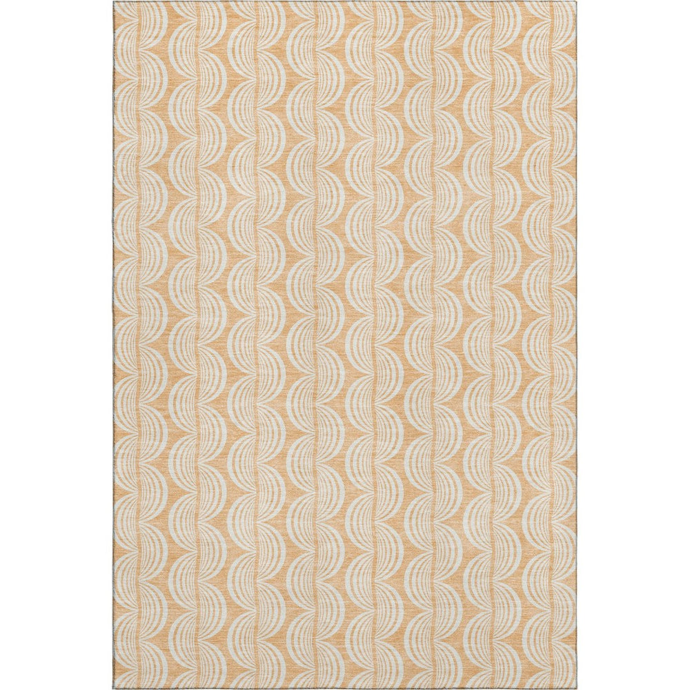 HomeRoots 5' X 8' Peach Ivory & Brown Ogee Area Rug - Stain Resistant, UV Protected, Perfect for Any Room 682783