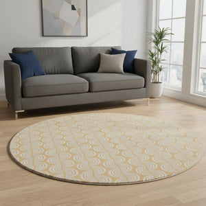 HomeRoots 8' Elegant Peach Ivory Brown Ogee Washable Round Rug with UV Protection for Stylish Living Spaces 682784
