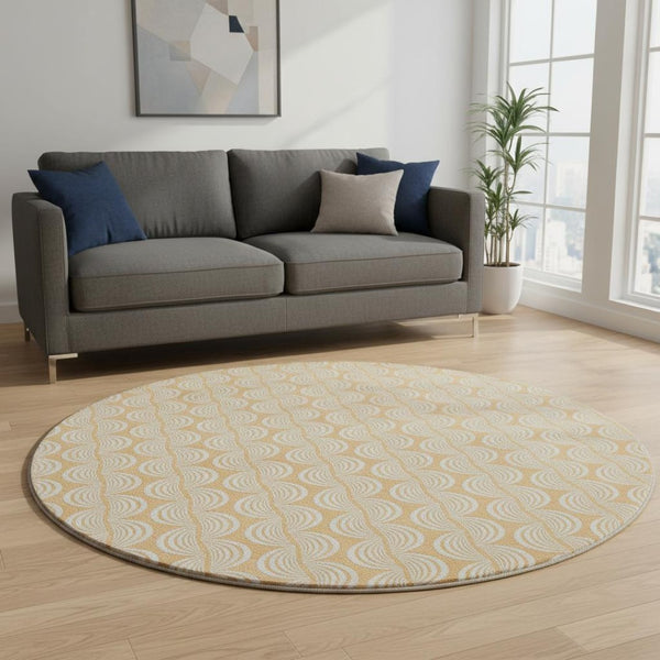 HomeRoots 8' Elegant Peach Ivory Brown Ogee Washable Round Rug with UV Protection for Stylish Living Spaces 682784