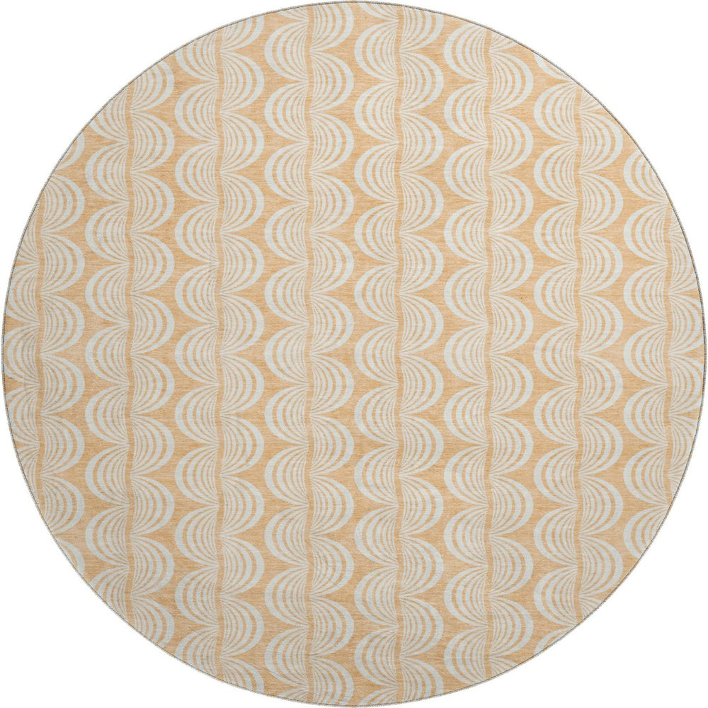 HomeRoots 8' Elegant Peach Ivory Brown Ogee Washable Round Rug with UV Protection for Stylish Living Spaces 682784