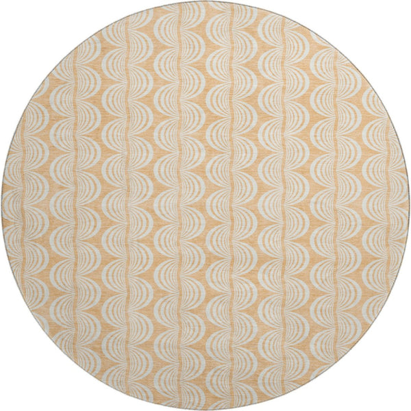 HomeRoots 8' Elegant Peach Ivory Brown Ogee Washable Round Rug with UV Protection for Stylish Living Spaces 682784