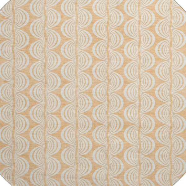 HomeRoots 8' Elegant Peach Ivory Brown Ogee Washable Round Rug with UV Protection for Stylish Living Spaces 682784