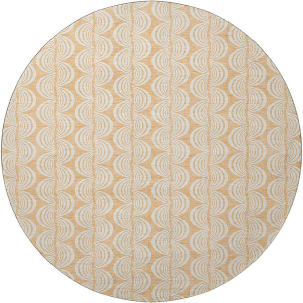 HomeRoots 8' Elegant Peach Ivory Brown Ogee Washable Round Rug with UV Protection for Stylish Living Spaces 682784