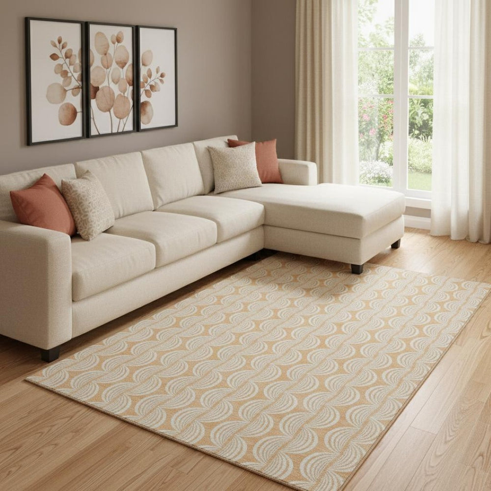 HomeRoots 8' X 10' Washable Ogee Area Rug in Peach, Ivory & Brown - Durable, UV Protected, Perfect for Families 682785