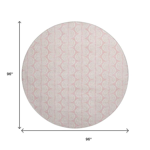 HomeRoots 8' Pink And Ivory Ogee Washable Round Rug - Durable, Stylish, UV-Protected for Homes with Kids & Pets 682790