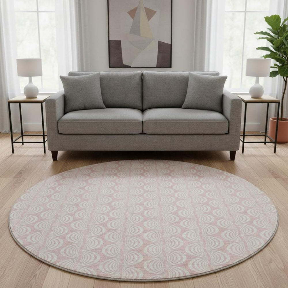HomeRoots 8' Pink And Ivory Ogee Washable Round Rug - Durable, Stylish, UV-Protected for Homes with Kids & Pets 682790