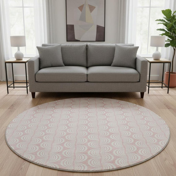 HomeRoots 8' Pink And Ivory Ogee Washable Round Rug - Durable, Stylish, UV-Protected for Homes with Kids & Pets 682790