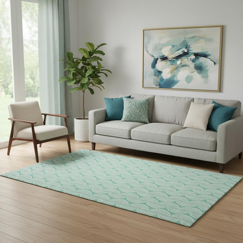 HomeRoots 5' Ogee Washable Area Rug in Aqua & Ivory – Stain-Resistant, UV Protected, Perfect for Homes! 682795