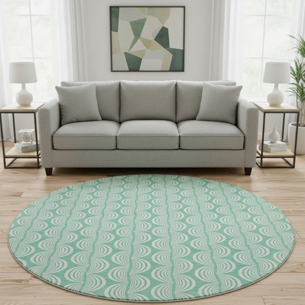 HomeRoots 8' Aqua and Ivory Ogee Round Rug - Washable, UV-Protected, Durable for High-Traffic Areas & Patios 682796