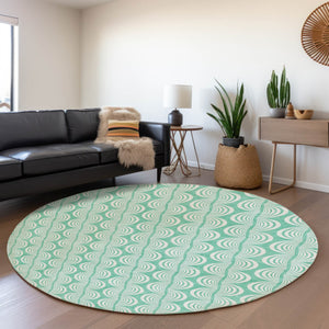 HomeRoots 8' Aqua and Ivory Ogee Round Rug - Washable, UV-Protected, Durable for High-Traffic Areas & Patios 682796