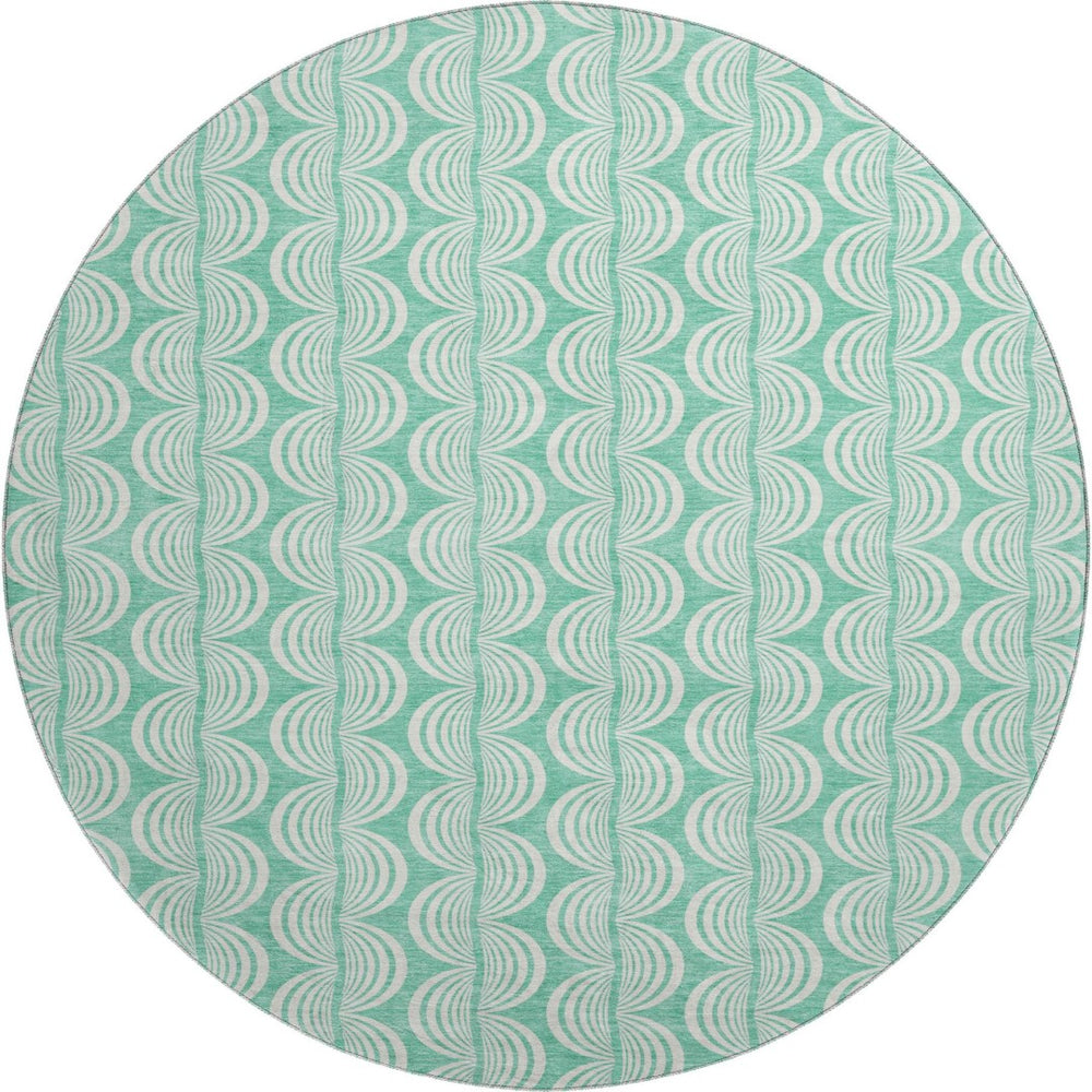 HomeRoots 8' Aqua and Ivory Ogee Round Rug - Washable, UV-Protected, Durable for High-Traffic Areas & Patios 682796