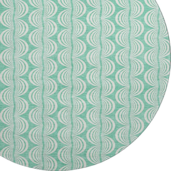 HomeRoots 8' Aqua and Ivory Ogee Round Rug - Washable, UV-Protected, Durable for High-Traffic Areas & Patios 682796