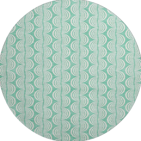 HomeRoots 8' Aqua and Ivory Ogee Round Rug - Washable, UV-Protected, Durable for High-Traffic Areas & Patios 682796