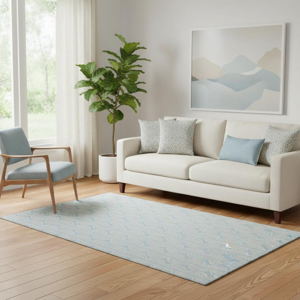 HomeRoots 5' Sky Blue & Ivory Ogee Area Rug - Washable, UV Protected, Stylish for High-Traffic Spaces! 682801