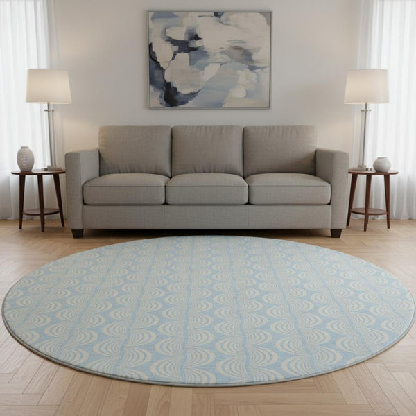 HomeRoots 8' Sky Blue Ogee Round Rug - Washable, UV Protected, Stain Resistant, Perfect for High-Traffic Areas! 682802