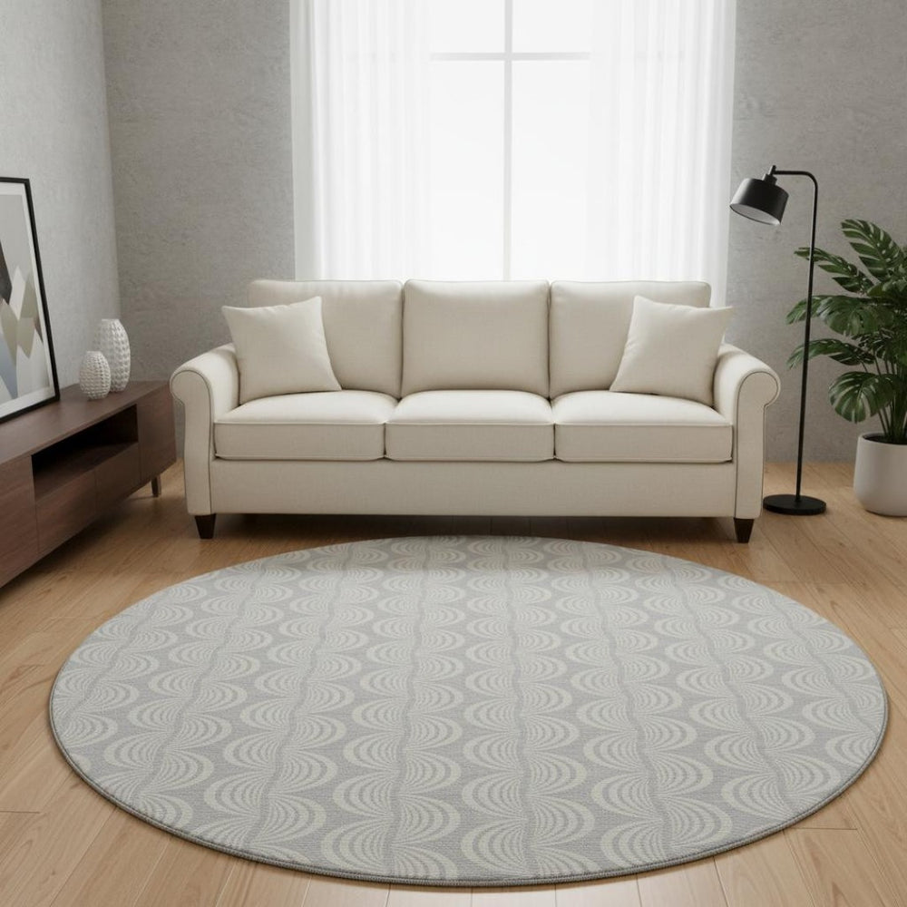 HomeRoots 8' Silver and Ivory Ogee Round Rug – Washable, UV Protected, Perfect for High-Traffic Areas & Kids! 682808