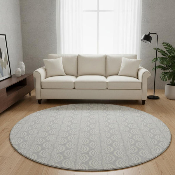 HomeRoots 8' Silver and Ivory Ogee Round Rug – Washable, UV Protected, Perfect for High-Traffic Areas & Kids! 682808