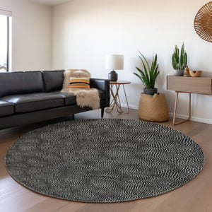 HomeRoots 8' Black and Ivory Geometric Washable Round Rug - Stylish, Durable, UV-Protected for Family Spaces 682826