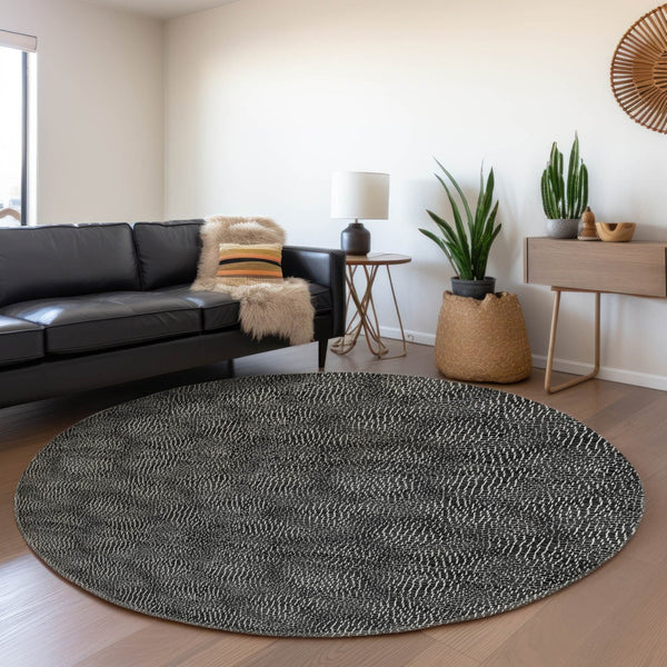 HomeRoots 8' Black and Ivory Geometric Washable Round Rug - Stylish, Durable, UV-Protected for Family Spaces 682826