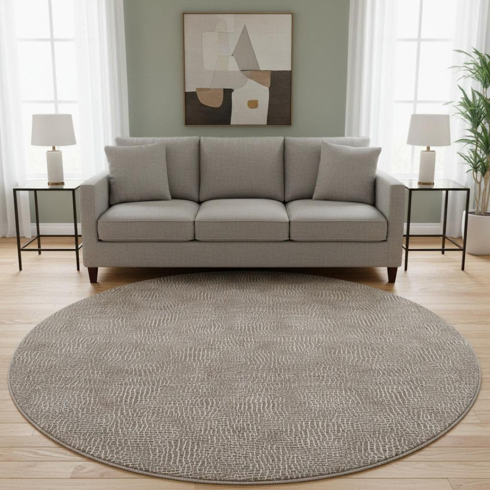 HomeRoots 8' Stylish Brown and Beige Geometric Round Rug - Washable, UV Protected, Ideal for Modern Homes 682832