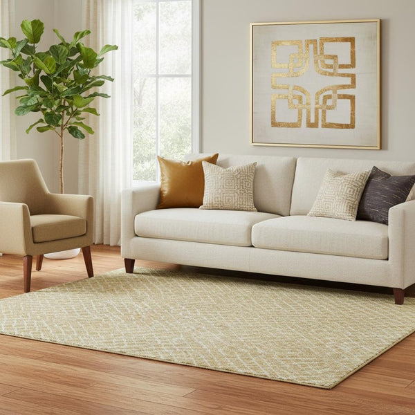 HomeRoots 5' X 8' Gold and Ivory Geometric Area Rug - Washable, UV Protected, Durable, Stylish for Busy Homes 682855