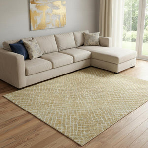 HomeRoots 10' X 14' Gold and Ivory Geometric Washable Area Rug – Stain-Resistant, UV Protected, Modern Design! 682859