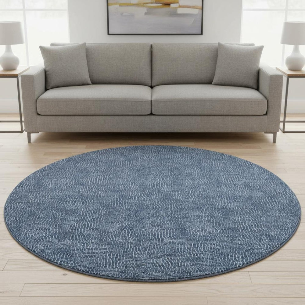 HomeRoots 8' Navy Blue & Ivory Geometric Round Rug - Washable, UV-Protected, Durable for High-Traffic Areas 682868