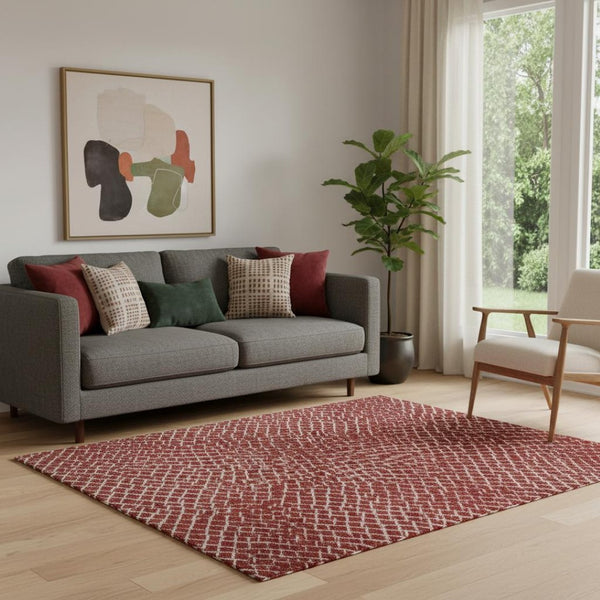 HomeRoots 5' X 8' Red and Ivory Geometric Area Rug - Washable, UV Protected, Stylish, Family-Friendly Design! 682873