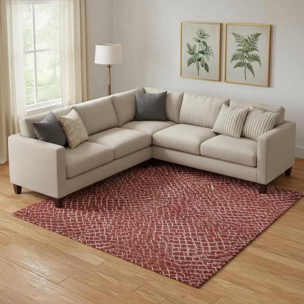 HomeRoots 9' X 12' Modern Red and Ivory Geometric Area Rug - Washable, UV-Protected, Stain-Resistant Design 682876