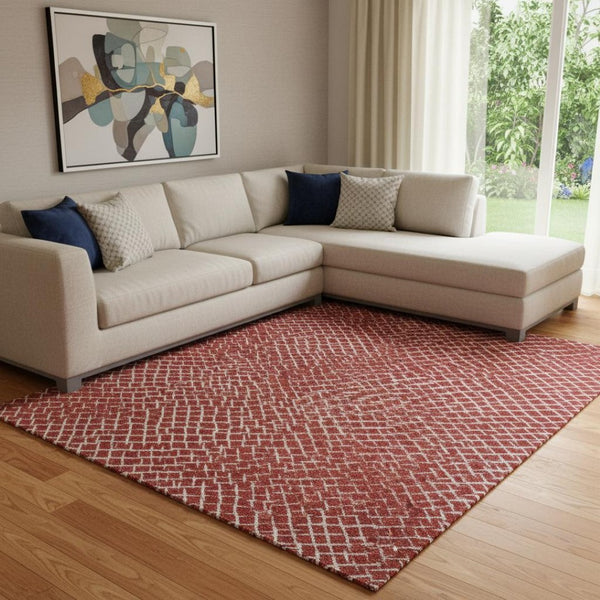 HomeRoots 10' X 14' Red And Ivory Geometric Area Rug - Stylish, Washable, UV-Protected for High-Traffic Spaces 682877