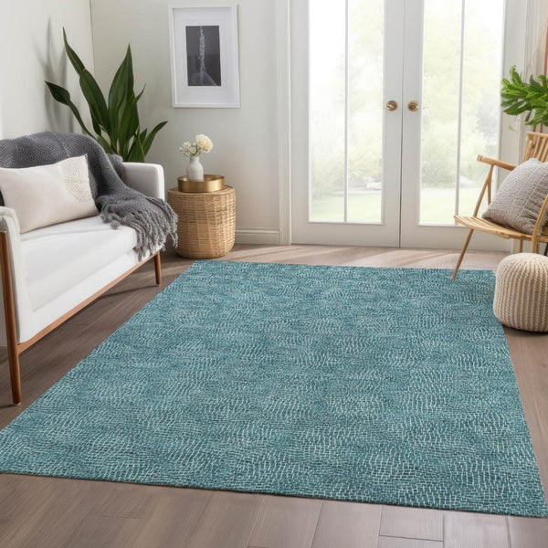 HomeRoots 10' Teal and Ivory Geometric Area Rug - Washable, UV-Protected, Durable for High-Traffic Spaces 682883