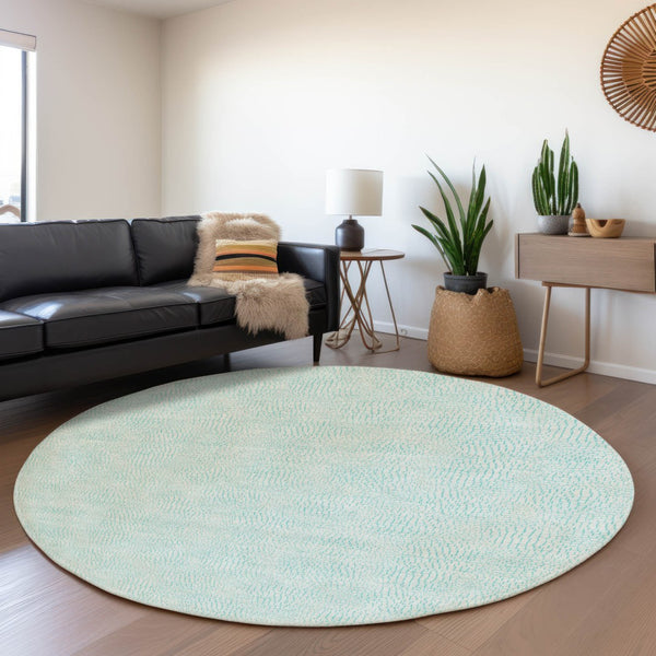 HomeRoots 8' Aqua and Ivory Geometric Washable Round Rug - Stylish UV-Protected, Stain-Resistant, Durable Design 682892