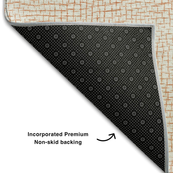 HomeRoots 8' Peach and Ivory Geometric Round Rug - Washable, UV Protected, Pet-Friendly for Modern Spaces 682916