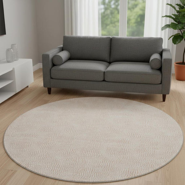 HomeRoots 8' Peach and Ivory Geometric Round Rug - Washable, UV Protected, Pet-Friendly for Modern Spaces 682916