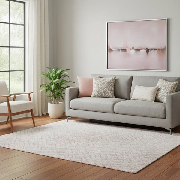 HomeRoots 5' x 8' Pink and Ivory Geometric Area Rug – Washable, UV-Protected, Family-Friendly Design for Any Room 682921