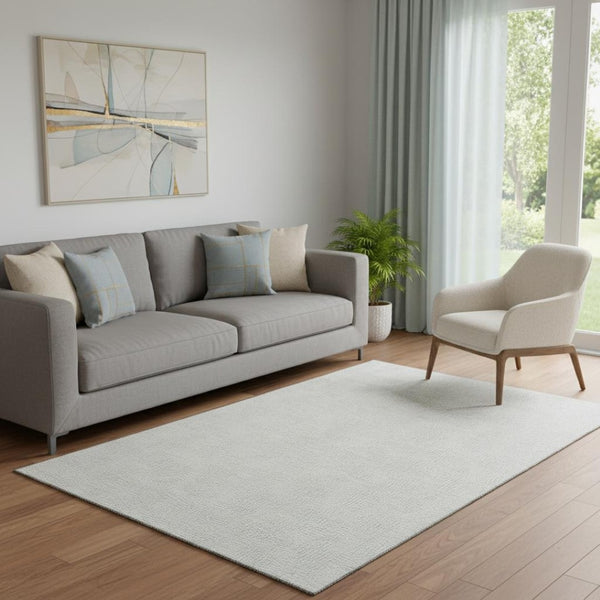 HomeRoots 5' X 8' Silver and Ivory Geometric Area Rug - Durable, Washable, UV-Protected for Modern Spaces 682933