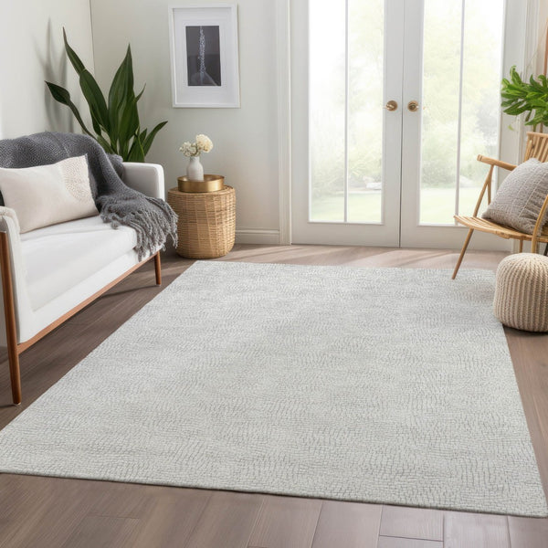 HomeRoots 5' X 8' Silver and Ivory Geometric Area Rug - Durable, Washable, UV-Protected for Modern Spaces 682933