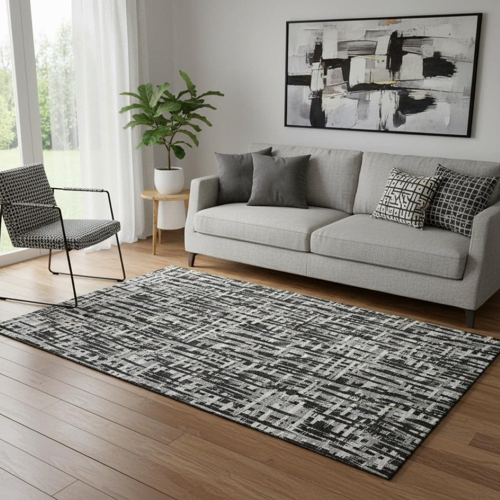 HomeRoots 5' X 8' Abstract Geometric Area Rug in Black, Ivory & Gray - Washable, UV-Protected & Pet-Friendly! 682951