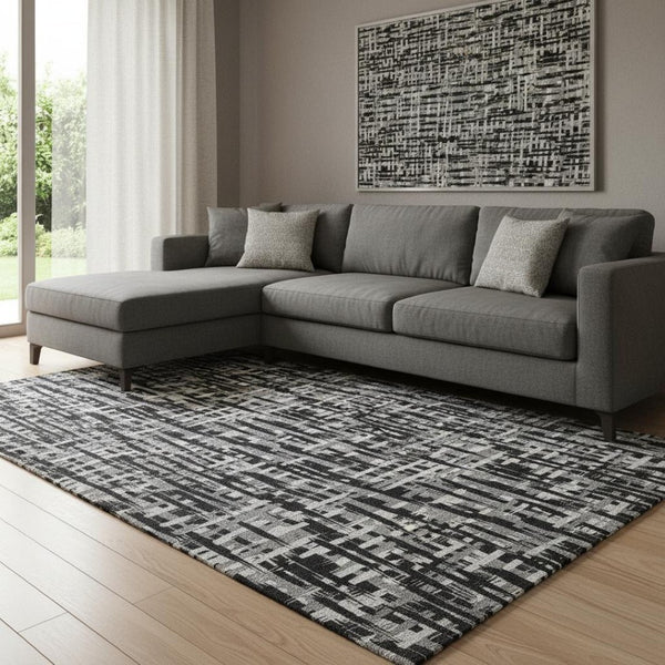 HomeRoots 8' X 10' Modern Black Ivory Gray Abstract Geometric Washable Area Rug with UV Protection & Durability 682953