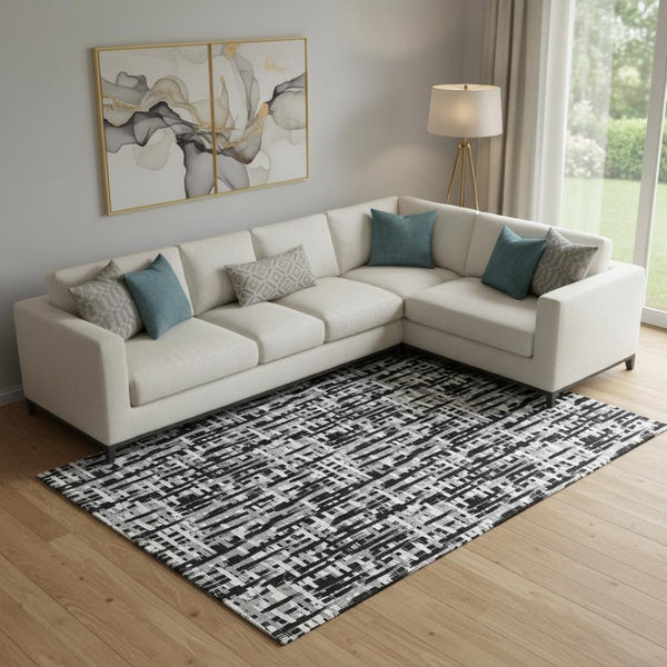 HomeRoots 9' X 12' Modern Black Ivory Gray Abstract Geometric Washable Area Rug with UV Protection & Comfort 682954